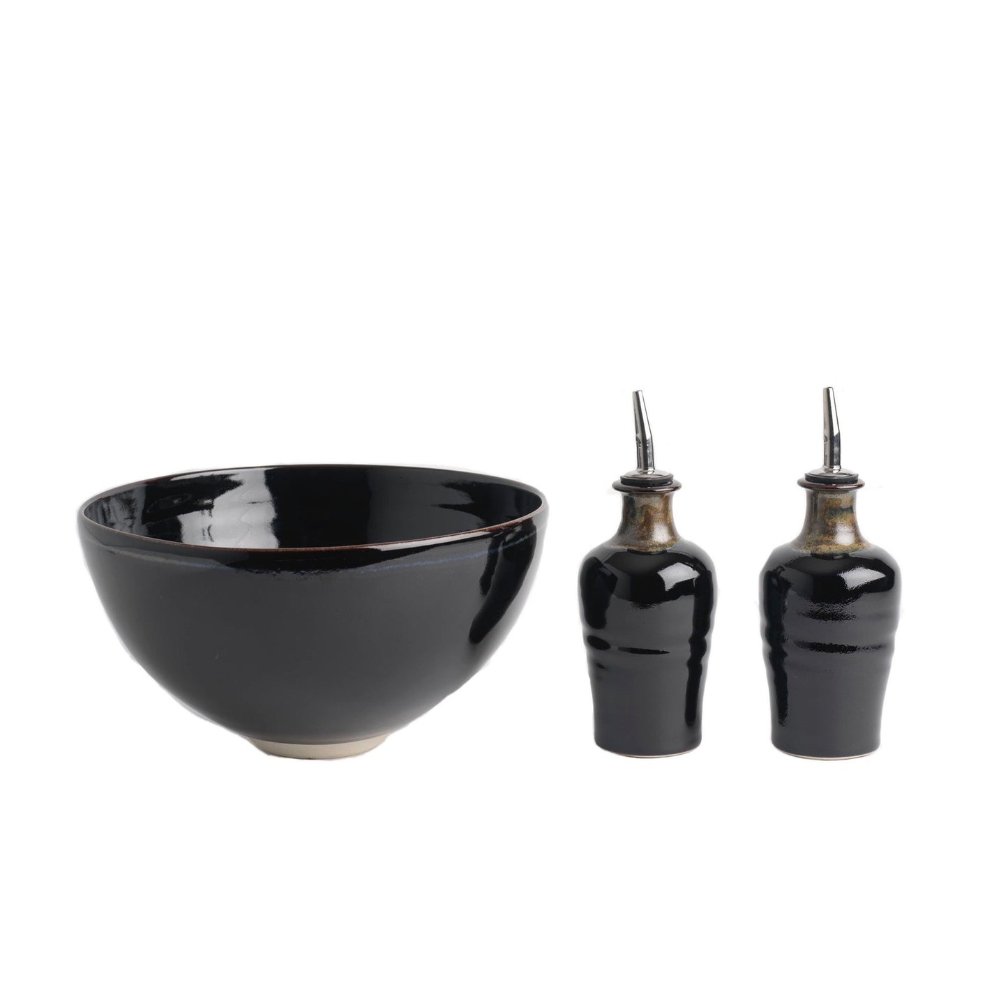 Salad Bowl and Set of Oil/Vinegar Pourers (129B/137Fx2), Louis Mulcahy Pottery