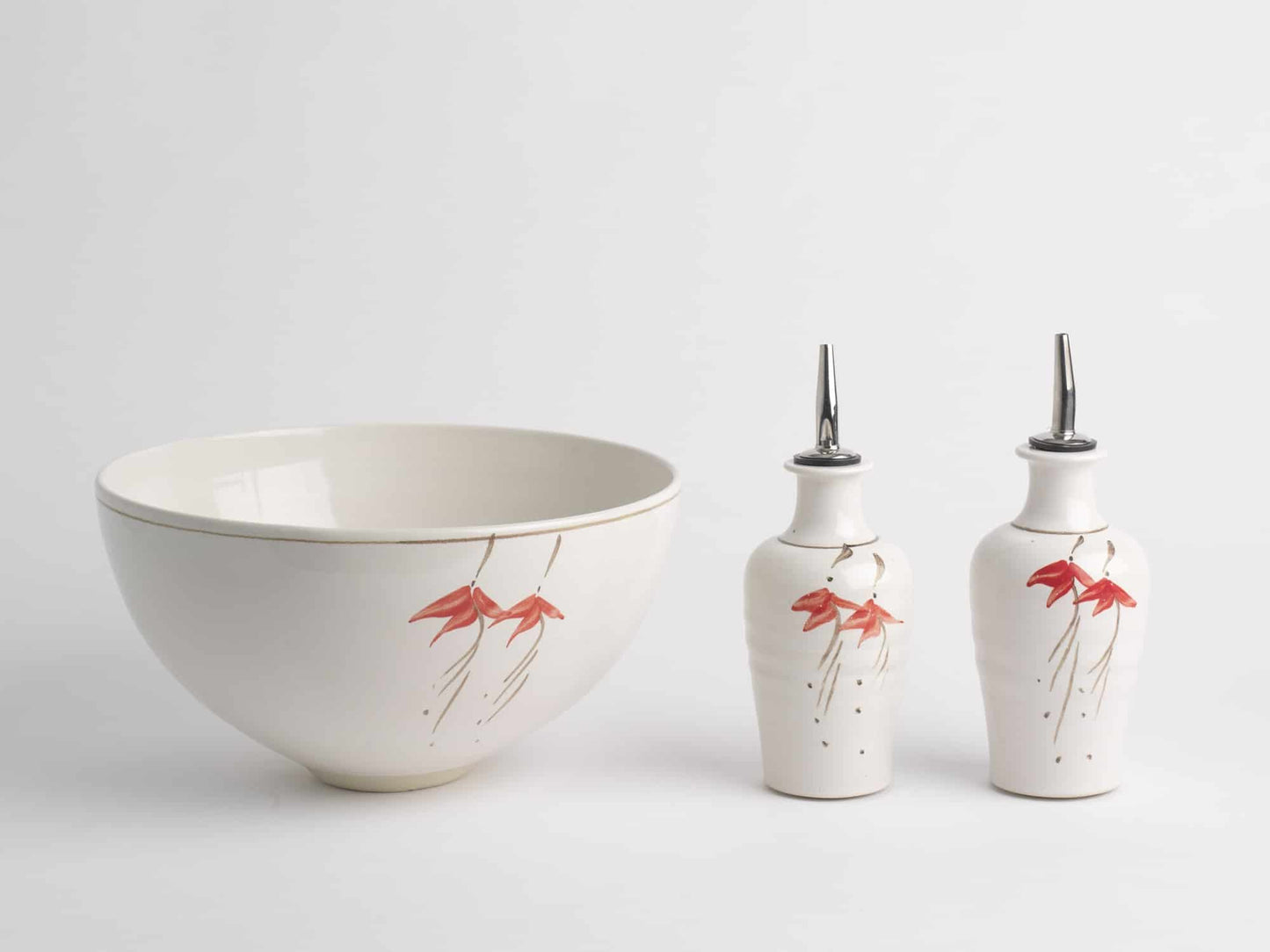 Salad Bowl and Set of Oil/Vinegar Pourers (129B/137Fx2), Louis Mulcahy Pottery