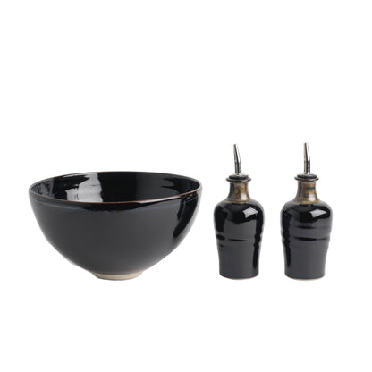 Salad Bowl and Set of Oil/Vinegar Pourers (129B/137Fx2), Louis Mulcahy Pottery