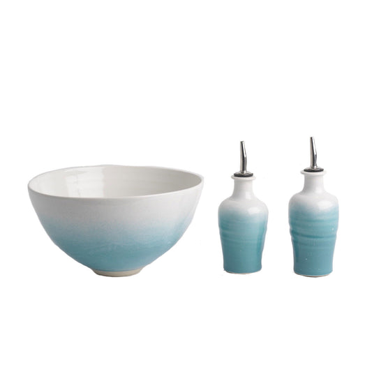 Salad Bowl and Set of Oil/Vinegar Pourers (129B/137Fx2), Louis Mulcahy Pottery
